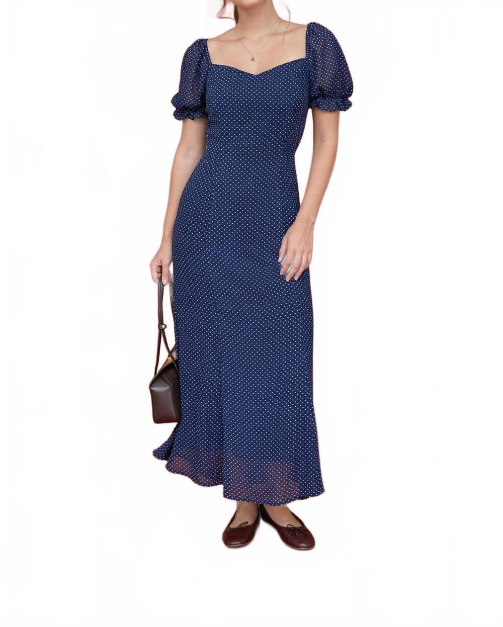 NEW BLU PEPPER polka dot sweetheart puff sleeve mesh midi dress in navy